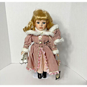 Geppeddo Porcelain Doll Pink Victorian Dress Ice Skates w Tag Stand 17"
